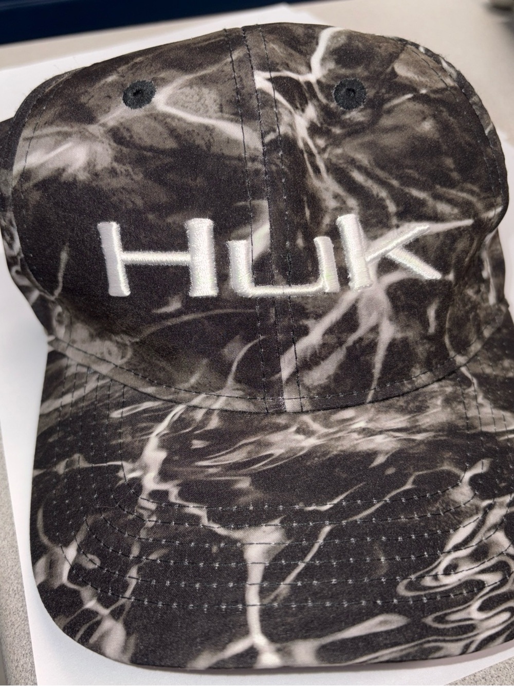 NWT HUK Performance Fishing Black and White Camo Print Hat Embroidered Logo L-XL